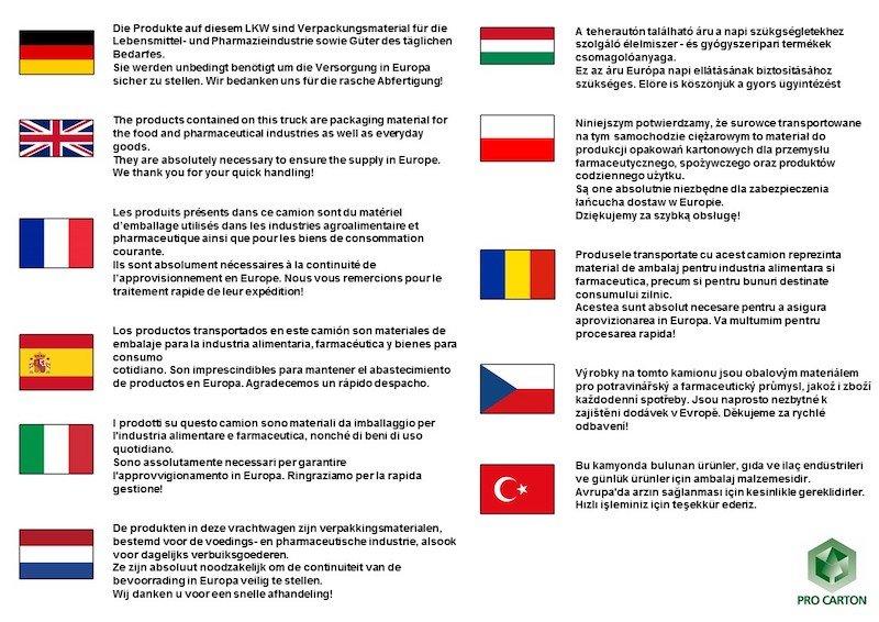 Documento in 11 lingue per i trasportatori di cartone e cartoncino