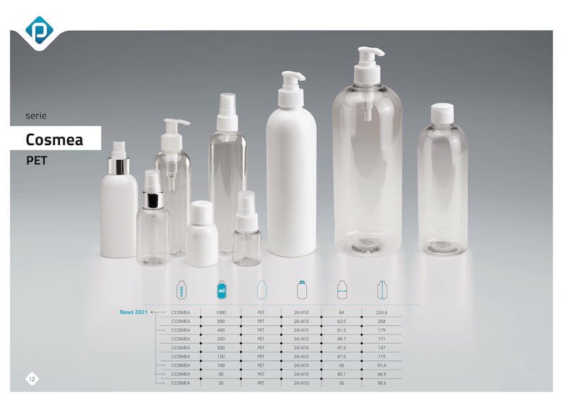linea di contenitori per il confezionamento cosmetico serie COSMEA PET di Piccoli Plast