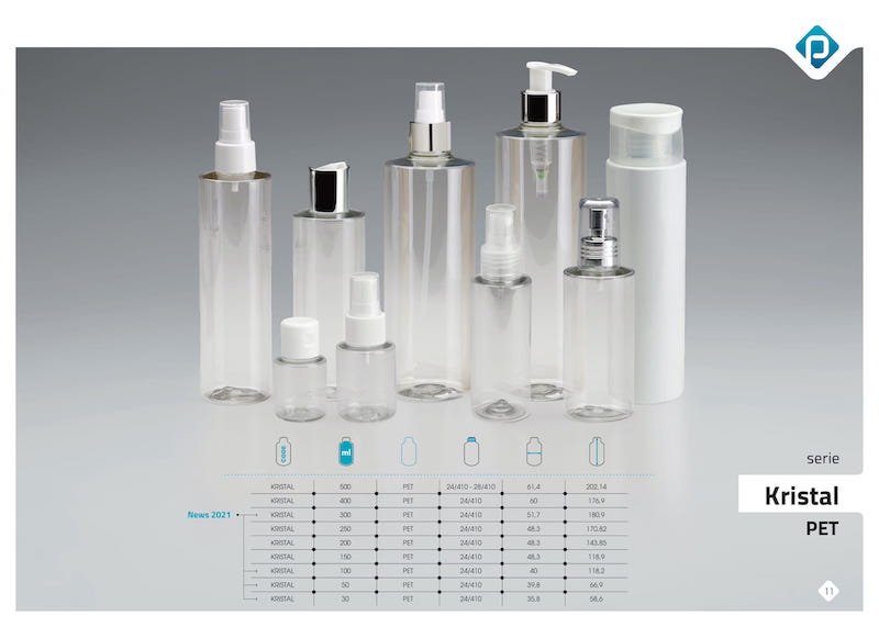 linea di contenitori per il confezionamento cosmetico serie Kristal PET di Piccoli Plast