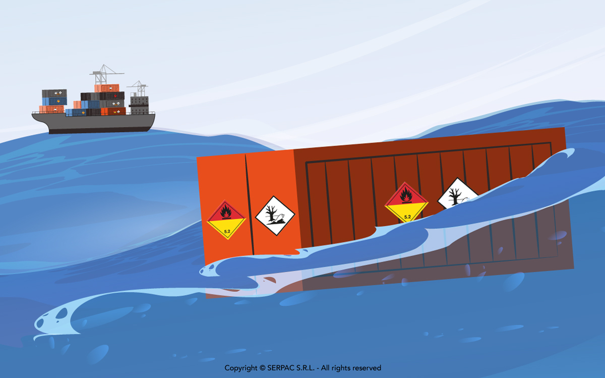Grafica con container con segnali di pericolo apposti che galleggia in mare