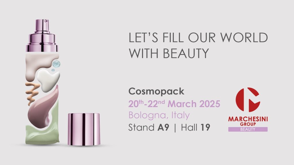 Grafica che annuncia la partecipazione di Marchesini Group con la divisione cosmetica a Cosmopack 2025