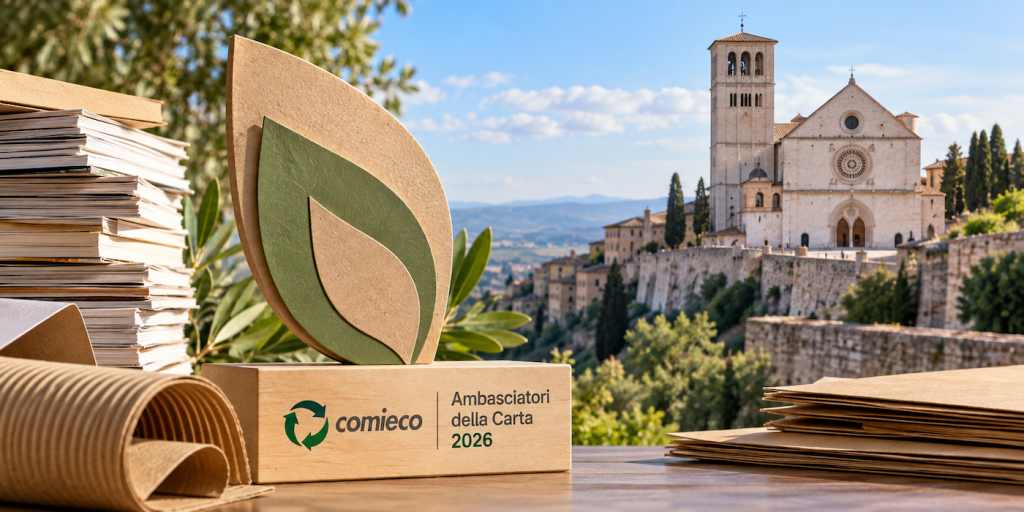 Sfondo di Asisi e un tavolo con dei libri e la scritta comico
